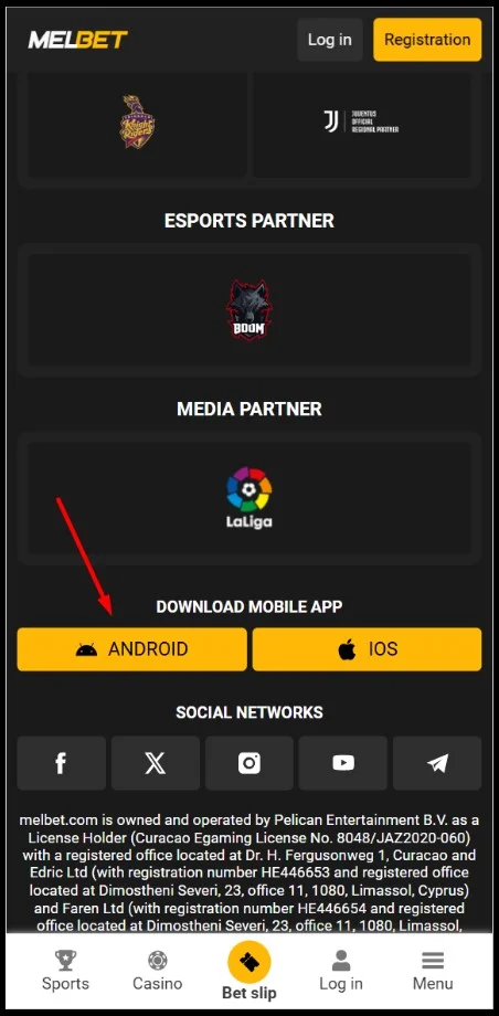 Melbet app main screen